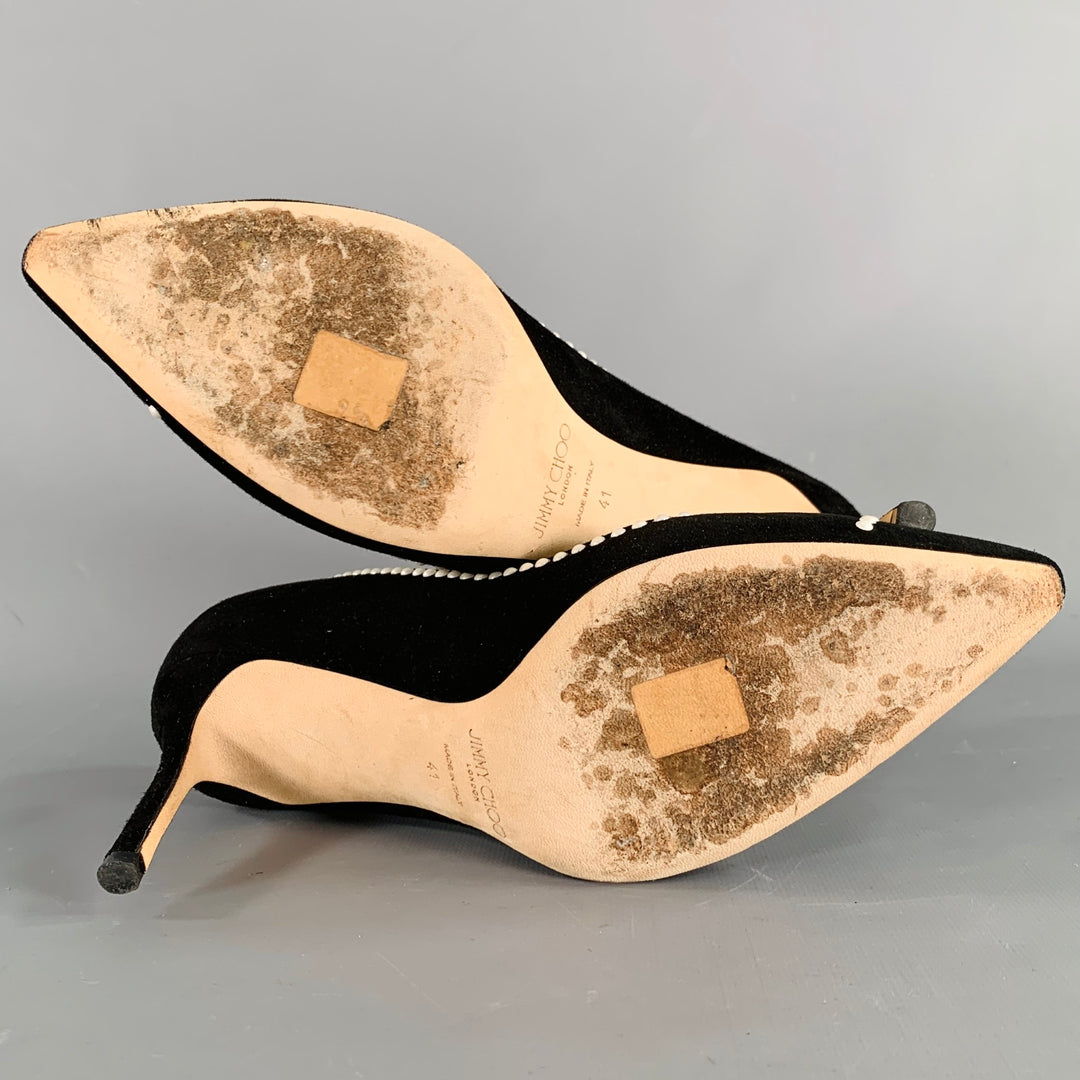 JIMMY CHOO Size 11 Black Cream Suede Faux Pearl Studded Heels Pumps