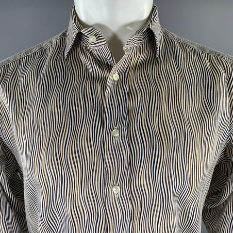 ETRO Size M White Blue Olive Stripe Cotton Long Sleeve Shirt