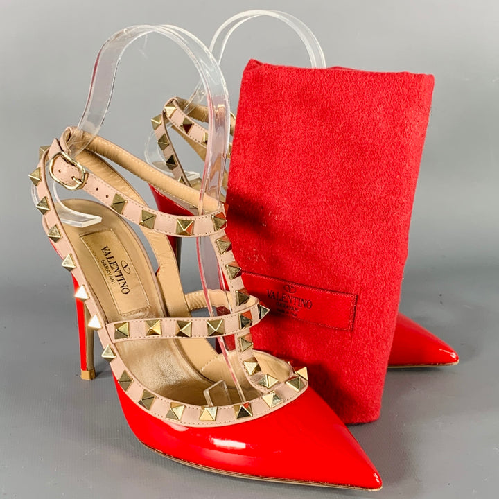 VALENTINO Size 4 Rockstud Red Nude Gold Studded T- Strap Pumps