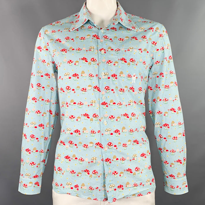 WALTER VAN BEIRENDONCK Size XL Blue Red Cotton Mushrooms One Pocket Long Sleeve Shirt