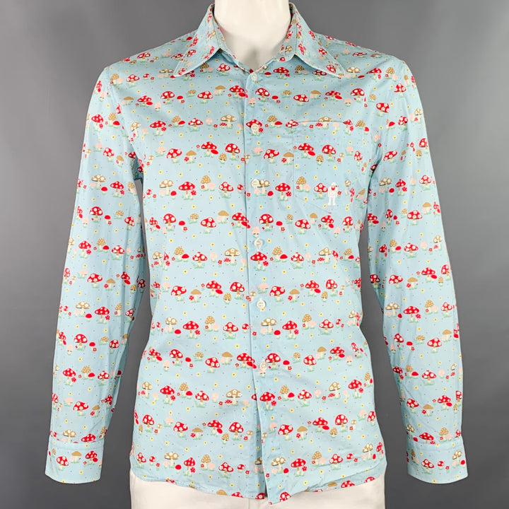 WALTER VAN BEIRENDONCK Size XL Blue Red Cotton Mushrooms One Pocket Long Sleeve Shirt