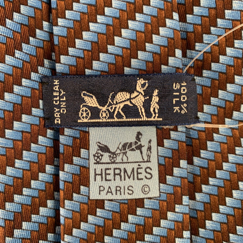 HERMES Blue Brown Herringbone Silk Tie