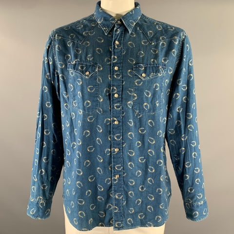 RRL by RALPH LAUREN Size XL Blue Cream Horseshoe Print Cotton Linen Overshirt