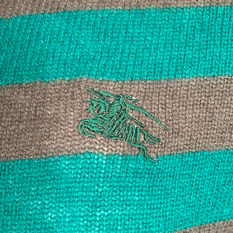 BURBERRY BRIT Size M Green Brown Stripe Cashmere V-Neck Pullover