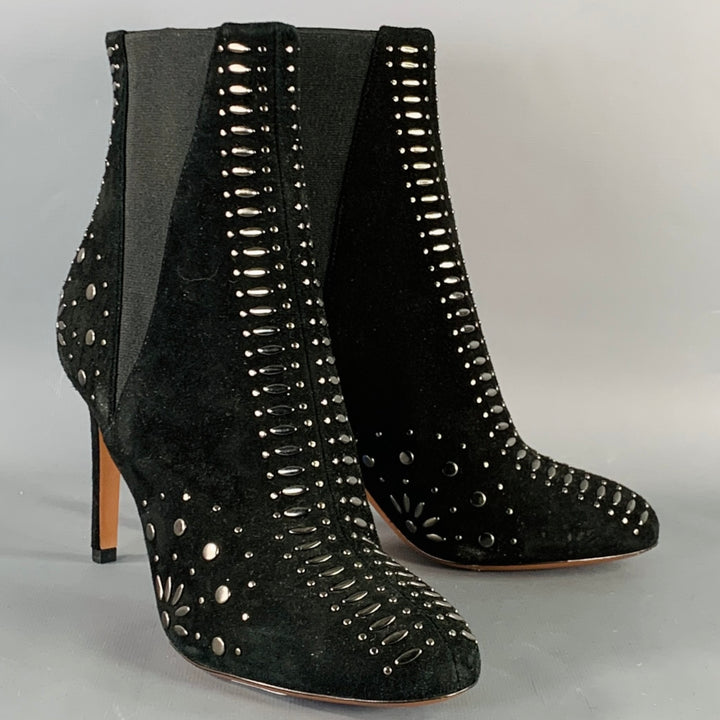 ALAIA Size 7.5 Black Studded Suede Pull On Stiletto Booties