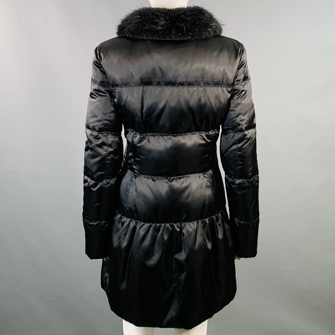 PRADA Size 6 Black Polyamide Quilted Fur Collar Button Down Coat