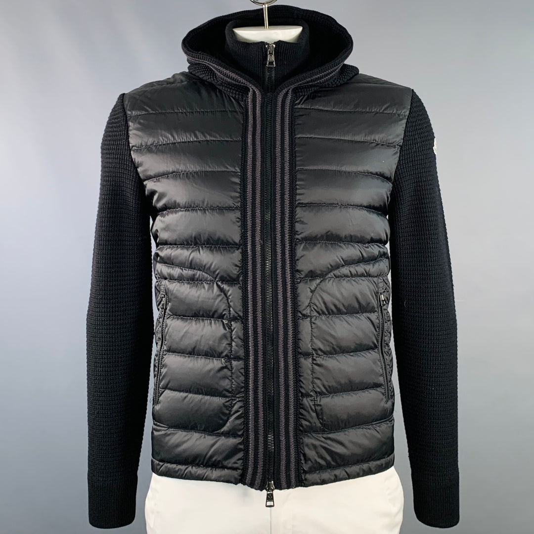 MONCLER 2014 Size L Black Quilted Polyamide Virgin Wool Hooded Zip Up Cardigan