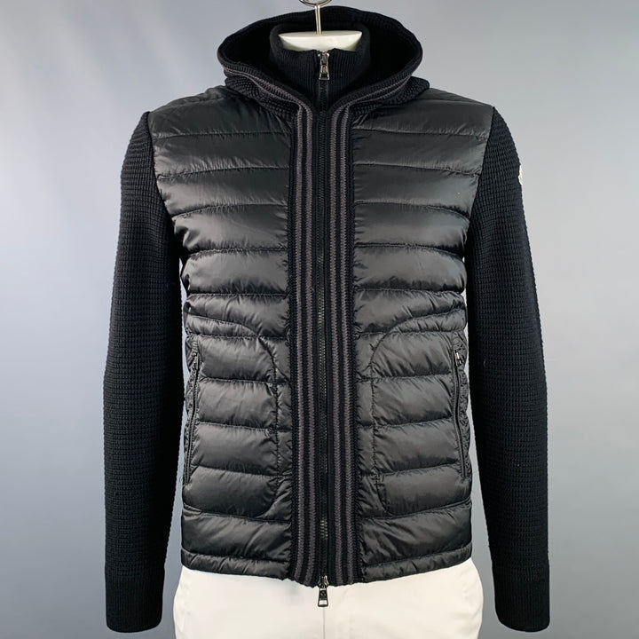 MONCLER 2014 Size L Black Quilted Polyamide Virgin Wool Hooded Zip Up Cardigan