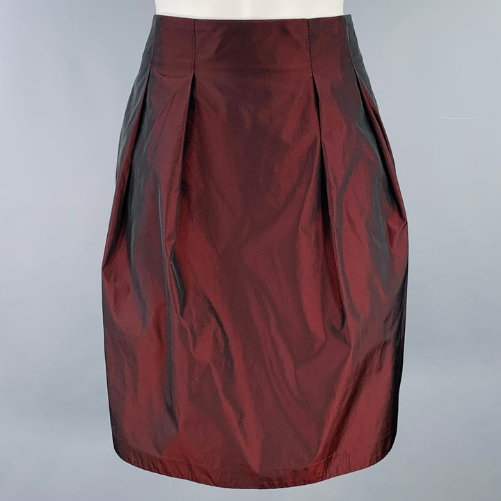 BURBERRY Size 4 Burgundy Polyester Taffeta Pleated Below Knee Skirt