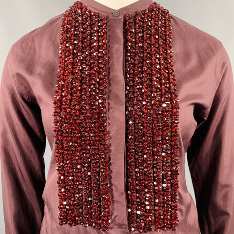 DRIES VAN NOTEN Size L Brown Burgundy Silk Beaded French Cuff Shirt
