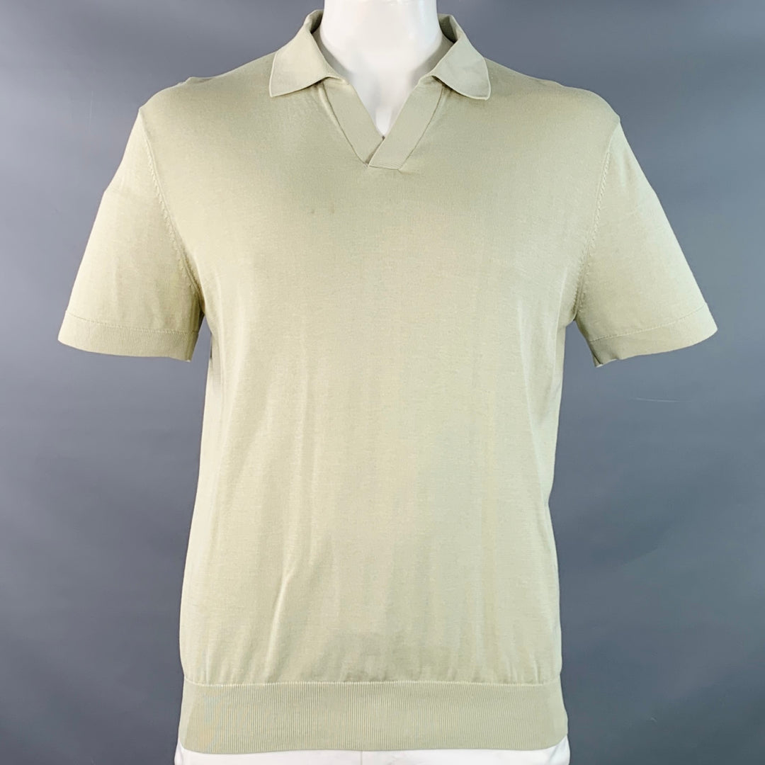SUITSUPPLY Size L Green Sage Cotton Silk Half Placket Open Collar Polo