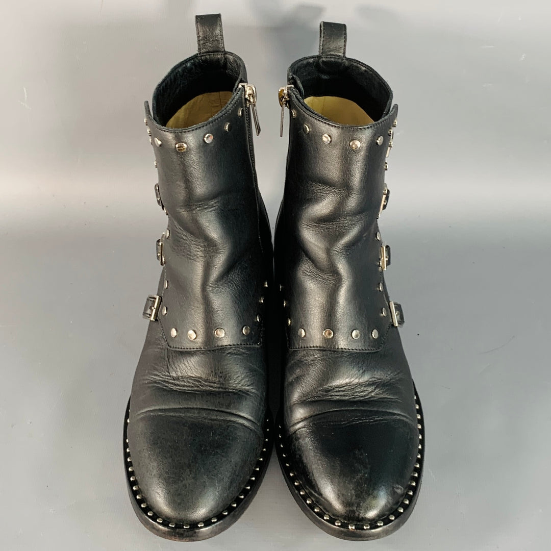 JIMMY CHOO Size 7.5 Black Leather Studded Belted Side Zipper Ankle Boots