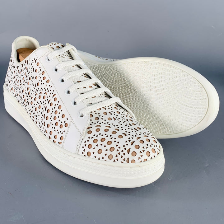 ALAIA Size 8 White Tan Laser Cut Leather Lace-Up Low Top Sneakers