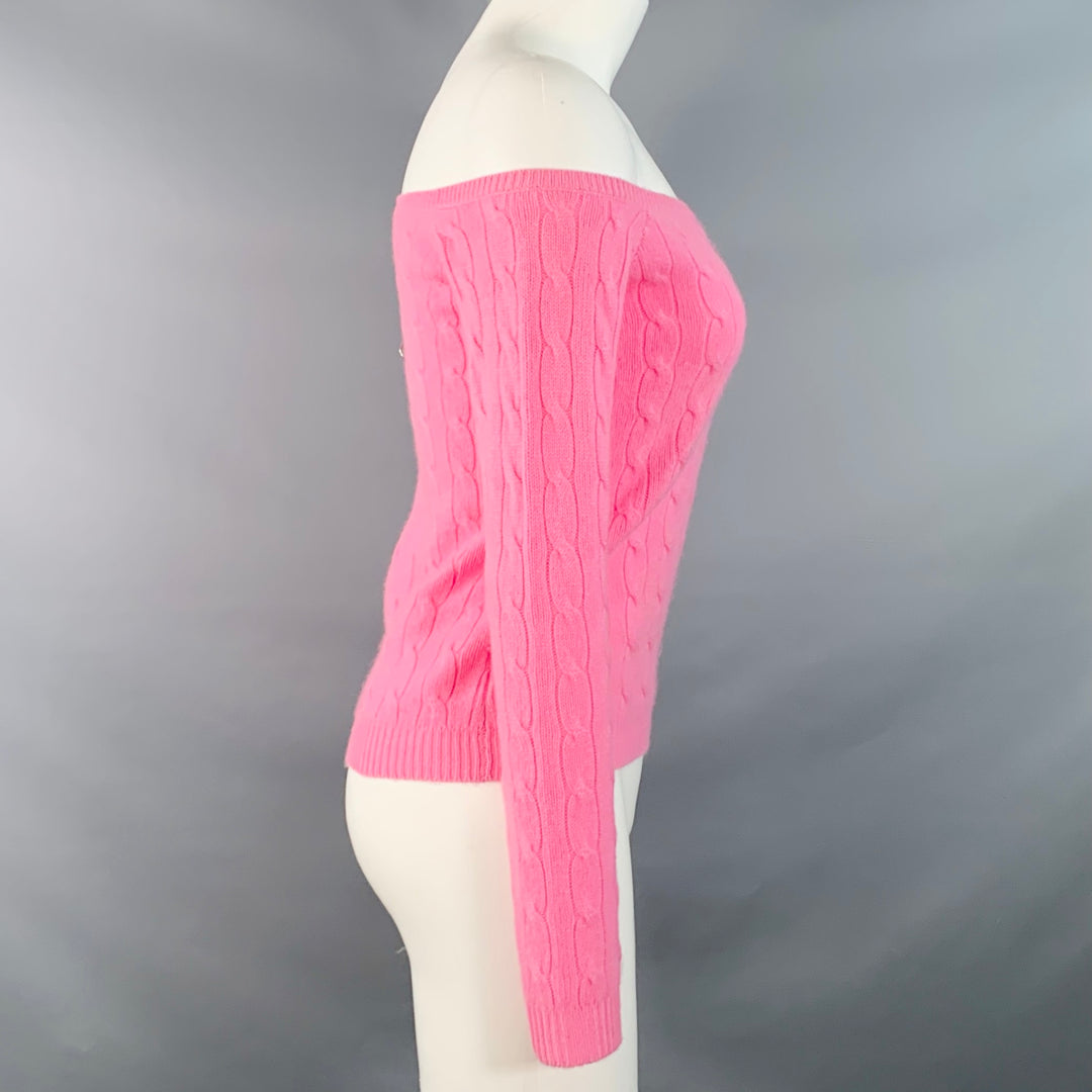 RALPH LAUREN Size M Pink Cashmere Cable Knit Off Shoulder Pullover