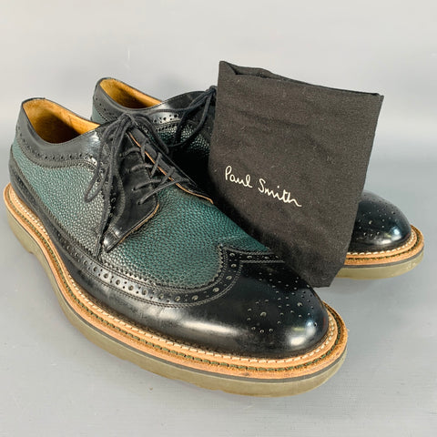 PAUL SMITH Size 10 Black Green Perforated Pebble Grain Leather Wingtip Lace-Up Shoes