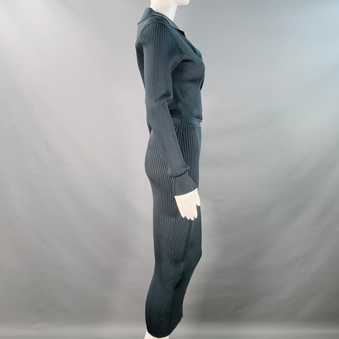 SELF-PORTRAIT Size S Dark Green Grey Viscose Blend Rib Knit Midi Shirt Sui Generis Designer Consignment SELF-PORTRAIT Size S Dark Green Grey Viscose Blend Rib Knit Midi Shirt Sui Generis Designer Consignment