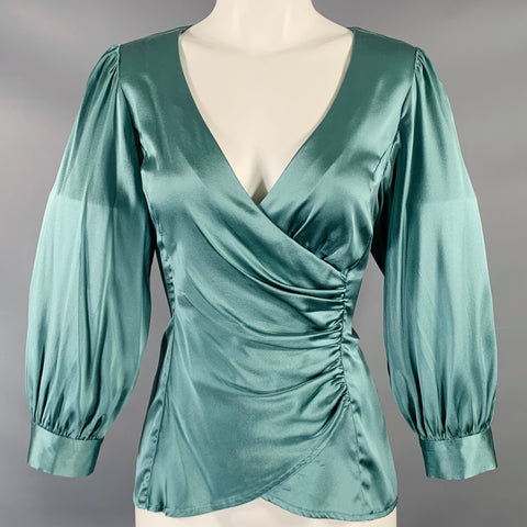 NANETTE LEPORE Size 8 Teal Silk Blend Ruched V-Neck Blouse