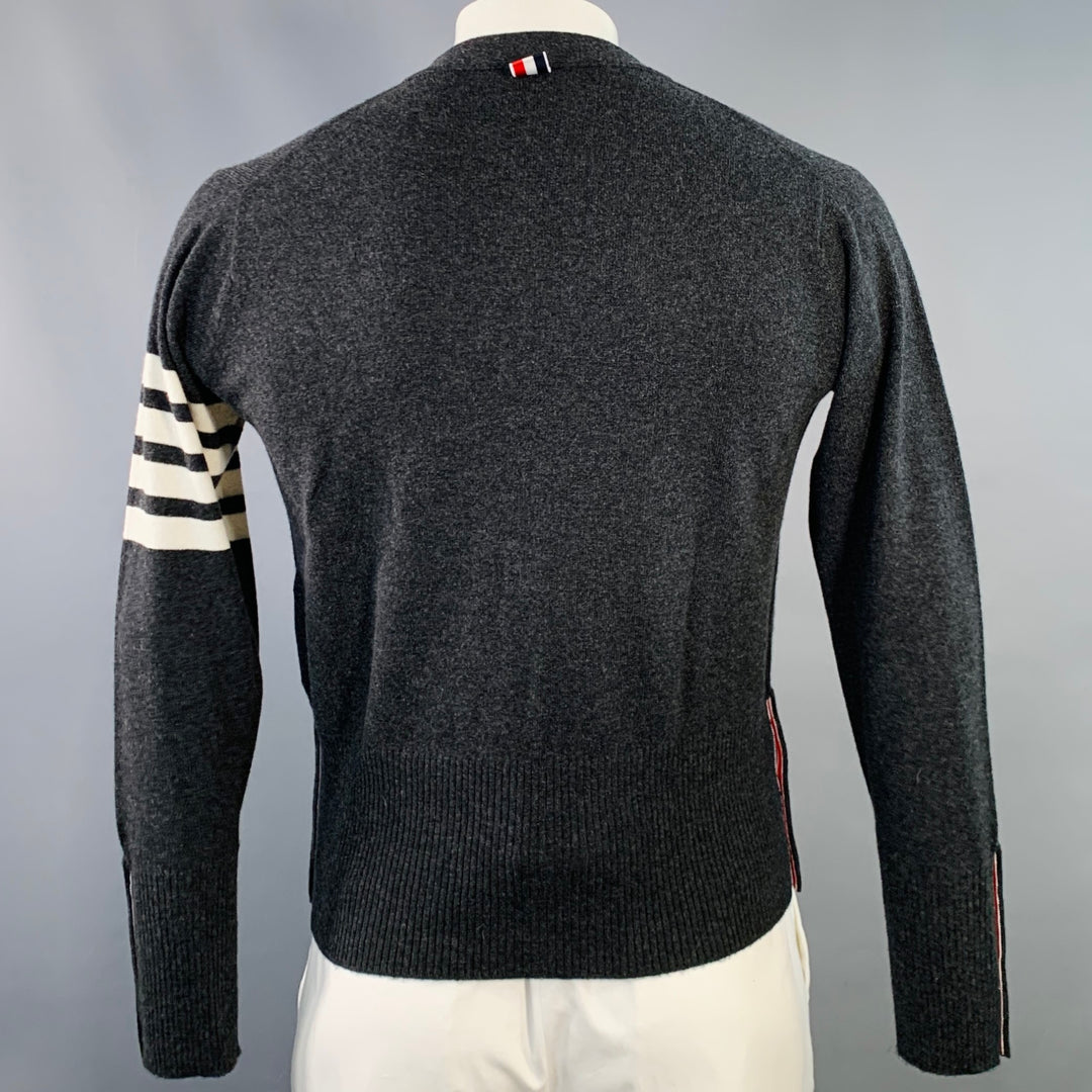 THOM BROWNE Size L White Charcoal 4 Bar Stripe Cashmere Two Pockets Cardigan