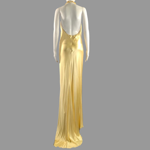 MONIQUE LHUILLIER Size 12 Yellow Silk Beaded Open back Gown Evening Dress