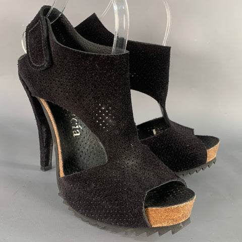 PEDRO GARCIA Size 9 Black Perforated Suede Platform Sandals