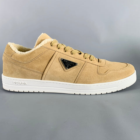 PRADA Size 12 Downtown Shearling Tan Suede Lace-Up Sneakers