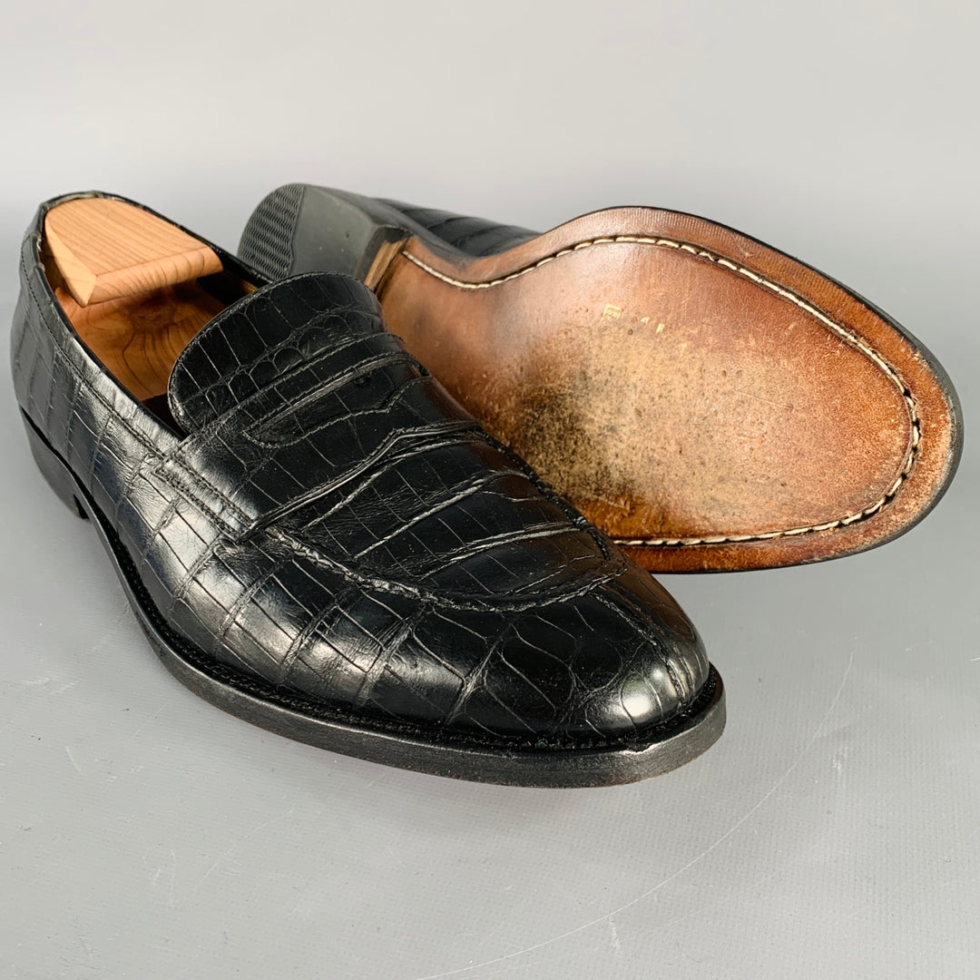 A. TESTONI Size 11.5 Black Crocodile Leather Penny Loafers