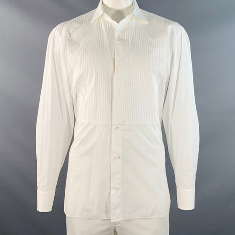 BORRELLI Size L White Pleated Cotton French Cuffs Tuxedo Long Sleeve Shirt