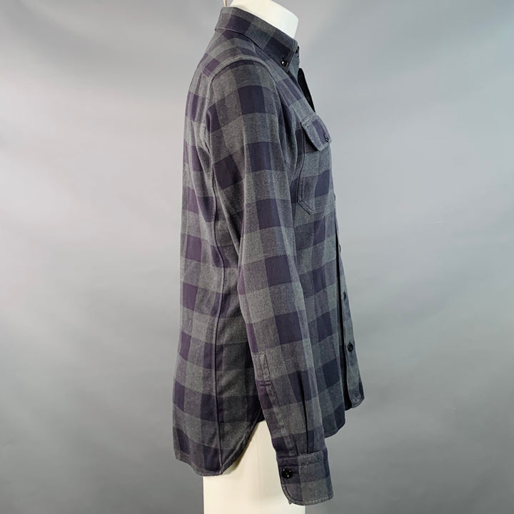 TOM FORD Size S Navy Grey Checkered Cotton Button Down Collar Long Sleeve Shirt