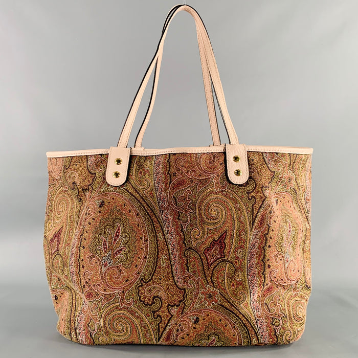 ETRO Multi Color Pink Paisley Leather Jacquard Reversible Tote Handbag