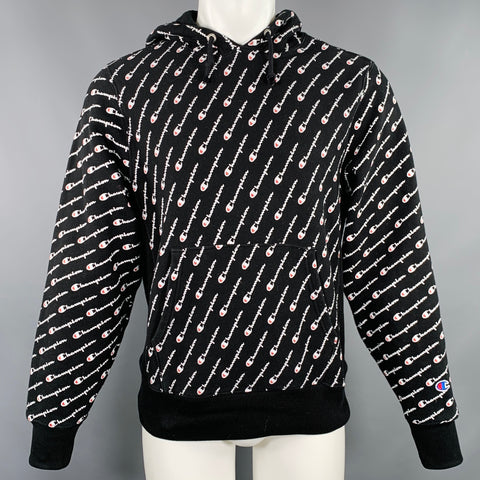 CHAMPION Size M Black White Logo Cotton Polyester Hoodie Sweatshirt