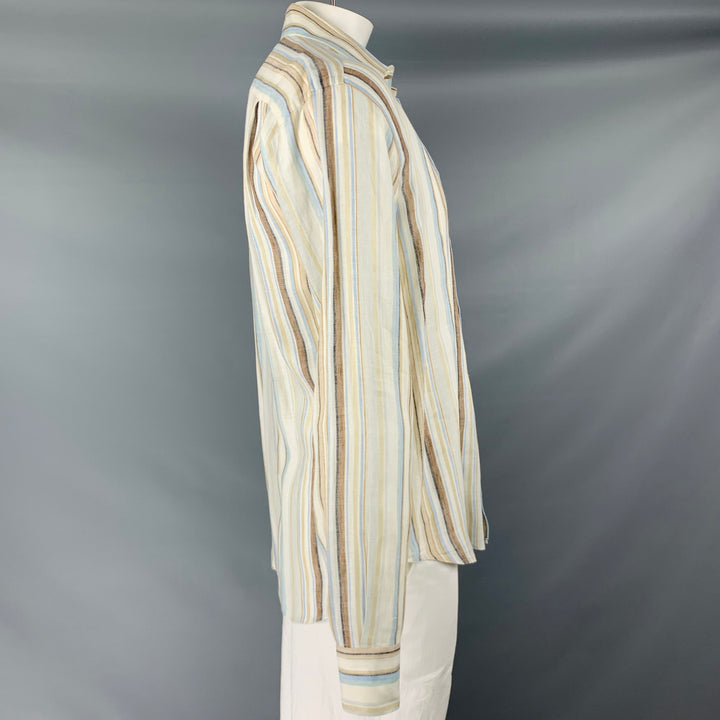 BRIONI Size L Beige Multi Color Stripe Linen Button Up Long Sleeve Shirt