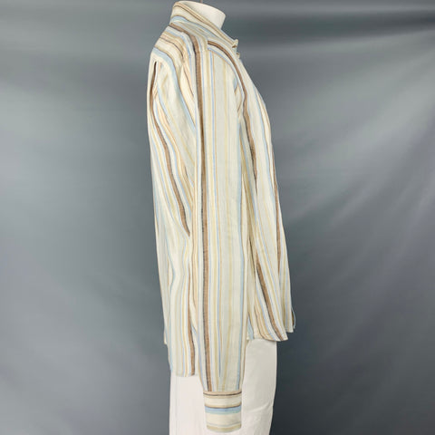 BRIONI Size L Beige Multi Color Stripe Linen Button Up Long Sleeve Shirt