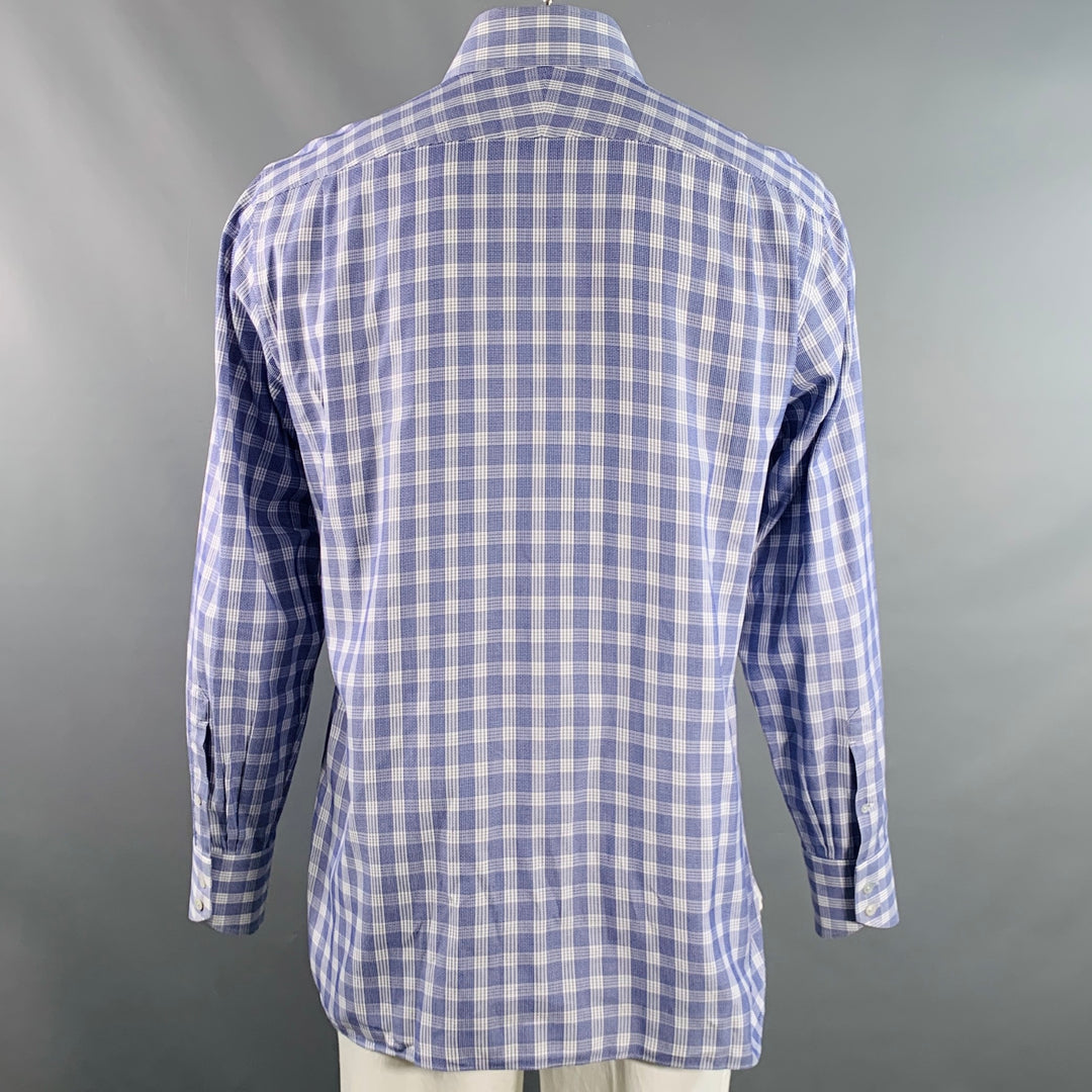 TOM FORD Size L Blue White Plaid Cotton Curved Cutaway Long Sleeve Shirt