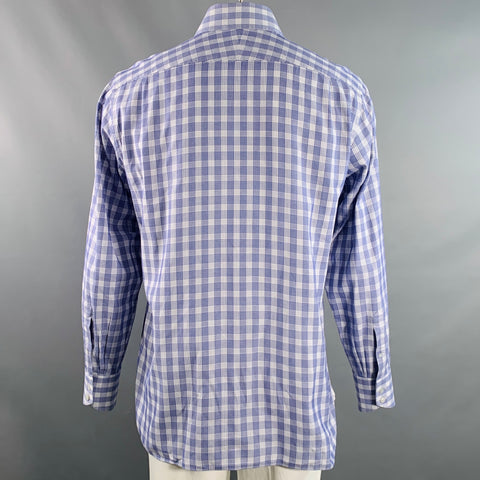 TOM FORD Size L Blue White Plaid Cotton Curved Cutaway Long Sleeve Shirt