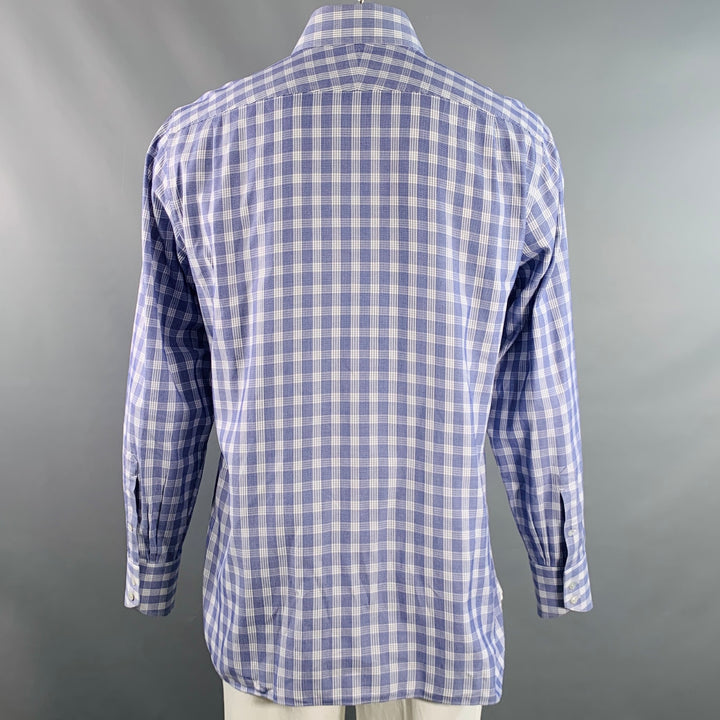 TOM FORD Size L Blue White Plaid Cotton Curved Cutaway Long Sleeve Shirt