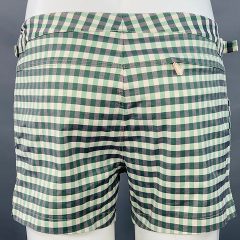 TOM FORD Size 32 Green Grey White Gingham Side Tabs Swim Trunks