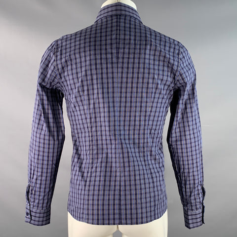 LA CAMICERIA Size M Navy Multi-Color Plaid Cotton / Elastane Long Sleeve Shirt
