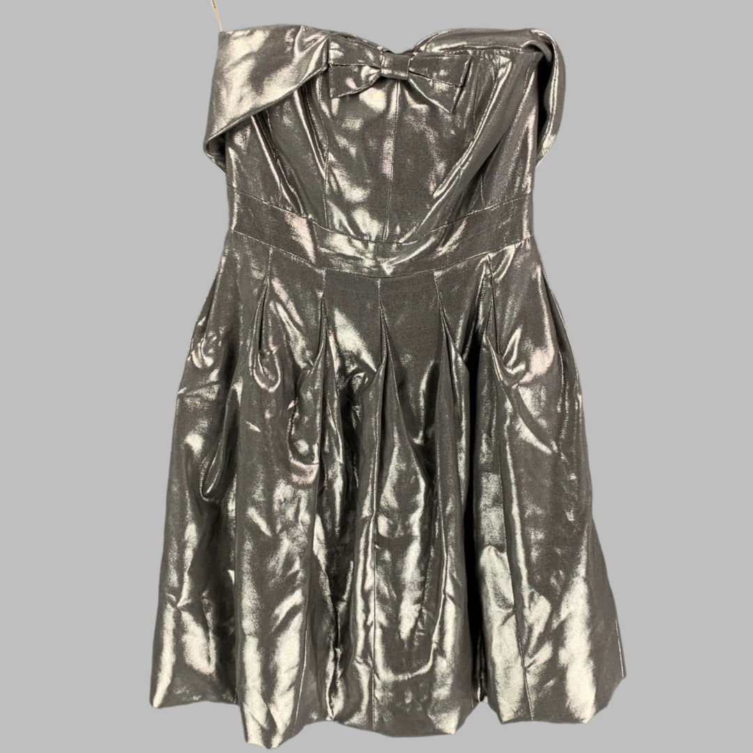 KAREN MILLEN Size 4 Silver Metallic Viscose Blend Strapless Above Knee Dress