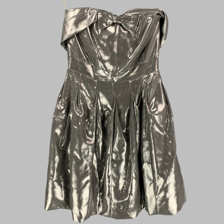 KAREN MILLEN Size 4 Silver Metallic Viscose Blend Strapless Above Knee Dress