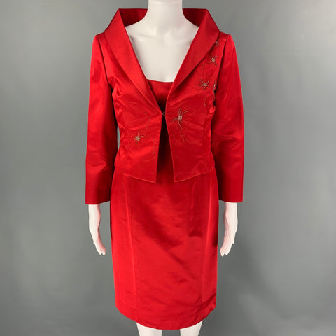 RICHARD TYLER Couture Taille 8 Ensemble 2 pièces en rayonne de soie rouge perlée jusqu'aux genoux