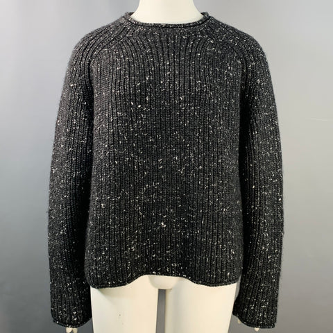 TOTEME Size L Country Knit Grey White Wool Alpaca Silk Ribbed Crew Neck Sweater