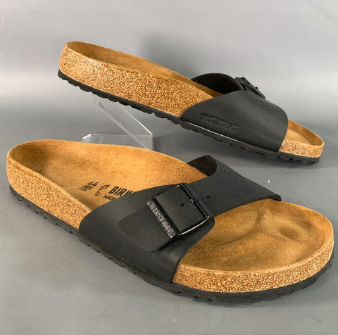 BIRKENSTOCK Size 11 Black Tan Solid Leather Slide Sandals