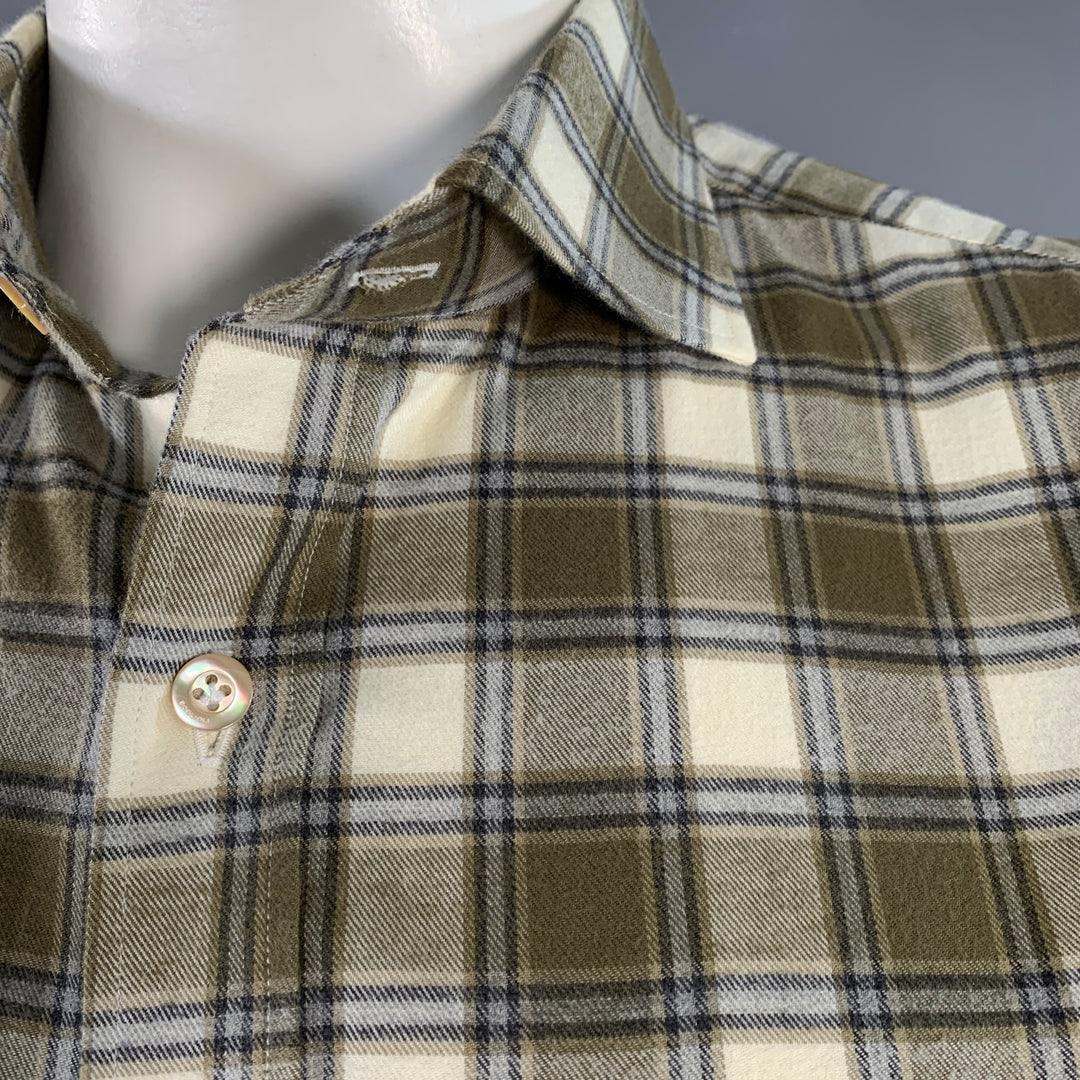 BOGLIOLI Size L Cream Olive Plaid Cotton Twill Spread Collar Long Sleeve Shirt