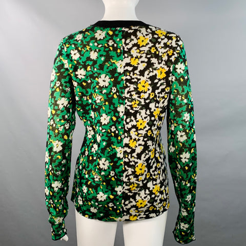PROENZA SCHOULER Size M Black Green White Silk Color Block Floral Pullover