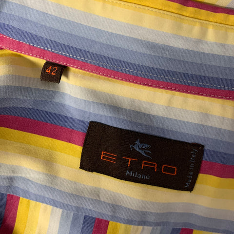 ETRO Size XL Blue Purple Yellow Stripe Cotton Pointed Collar Long Sleeve Shirt