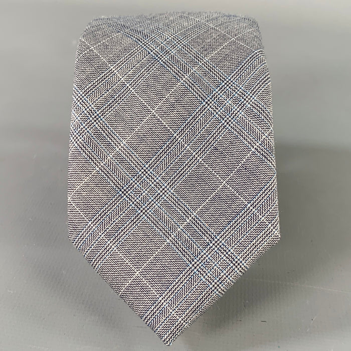 Cravate étroite en laine écossaise gris et blanc BLACK FLEECE