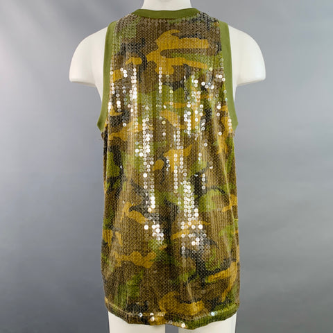 JEREMY SCOTT Size M Olive Brown Camouflage Polyester Sequined Jersey Tank Top