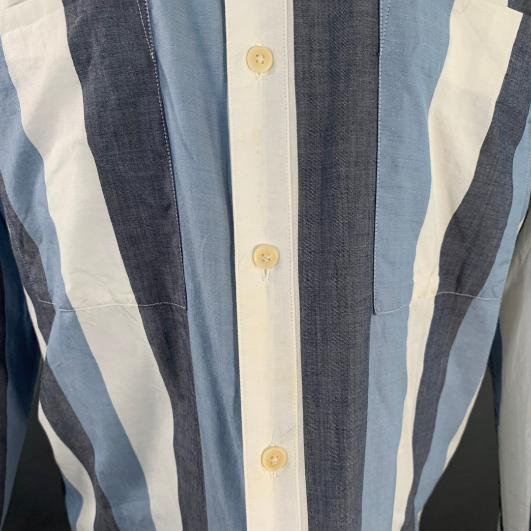 LIVID JEANS Size M Grey Blue White Stripe Cotton Collarless Long Sleeve Shirt