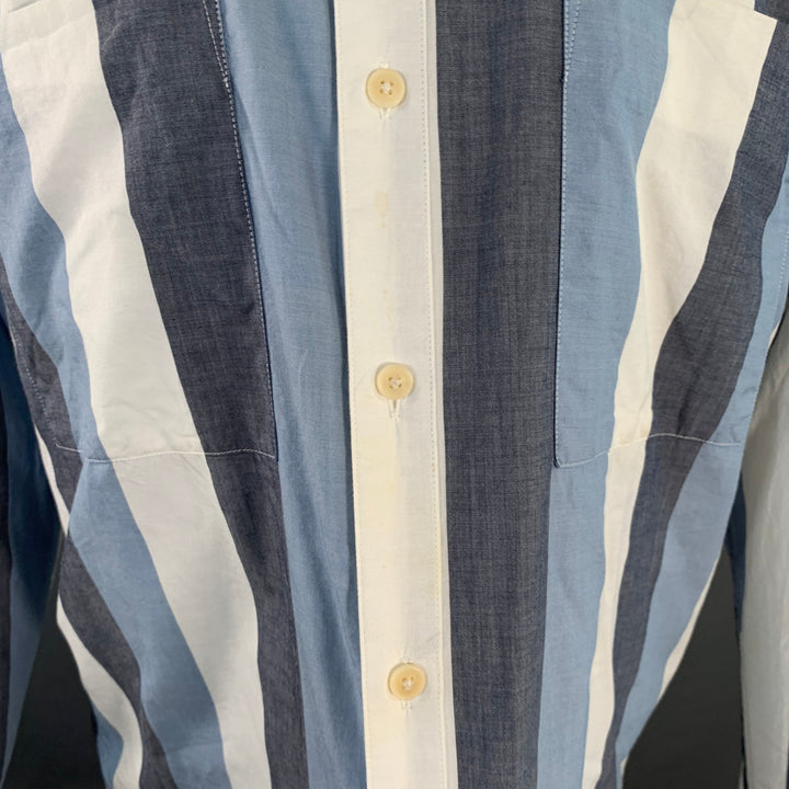 LIVID JEANS Size M Grey Blue White Stripe Cotton Collarless Long Sleeve Shirt