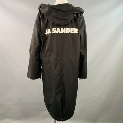 JIL SANDER Size L Black White Cotton Logo Hooded Coat